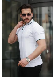 Miron White Honeycomb Textured Zippered Polo Neck Knitwear Short Sleeve T-Shirt 2511