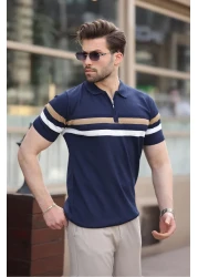 Madmext Navy Blue Zippered Polo Neck Knitwear Men's T-Shirt E7299