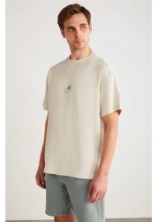 GRIMELANGE Denver Men's - Stone Color Oversize Crew Neck 100% Organic Cotton T-Shirt