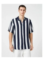 Koton Y23 3sam60023hw Navy Blue Striped 02m Men's Woven Tops Viscose Shirt