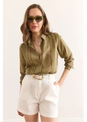 Olalook قميص نسائي كاكي مخطط هندسي مزين بتفاصيل GML-19001335