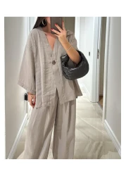 Lavanta Tekstil V Neck Single Button Kimono Pants Suit
