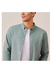 Giordano Men's Cotton Oxford Shirt - Small Lion Embroidery, Slim Fit, Full Button