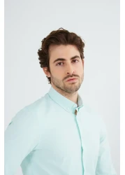 RAVANELLI Mint Green Slimfit Cotton Oxfort Lycra Collar Buttoned Long Sleeve Men's Shirt G490