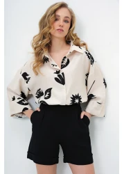 Trend Alaçatı Stili قميص نسائي منسوج بنمط أوراق الشجر باللون الأسود والبيج ALC-X13785