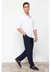  Collection Navy Blue Linen Look Elastic Waist Tied Trousers - Tmnss20Pl0547