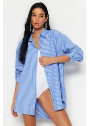  Collection Blue Striped Woven Beach Shirt Tbess22Go0664
