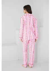 Siyah İnci Pink Red Line Pattern Cotton Buttoned Piping Knitted Long Sleeve Pajamas Suit7887