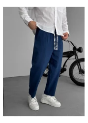 BYBASICMAN بنطلون كتان فضفاض باللون الأزرق الداكن JJ-181