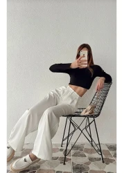 VOVSTYLE بنطلون بالازو أبيض واسع الساق عالي الخصر للنساء