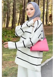 Tesettür Dünyası بدلة تريكو مخططة Tsd220905 أبيض