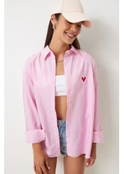 Happiness İstanbul Pink and White Embroidered Heart Striped Oversize Women's Shirt - DX00016