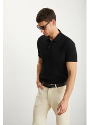 GRIMELANGE Tarnex Men's 100% Cotton Short Sleeve Regular Fit Black Polo Neck T-Shirt