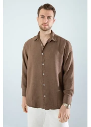YXC Trend Maker Seasonal Linen Textured Long Sleeve Oversize Men's Shirt (Product Is Wide Fit) Dark Brown