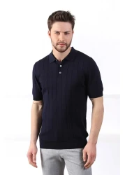 Ferraro تي شيرت رجالي منسوج من القطن بنسبة 100% بياقة بولو باللون الأزرق الداكن