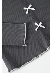  Collection Ribbed Knitted Pajamas Set - Anthracite, Cotton, Lace and Bow Detail Thmaw25Pt00206