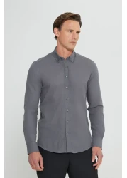 AC&Co / Altınyıldız Classics Men's Anthracite 100% Cotton Oxford Slim Fit Buttoned Collar Flamed Shirt