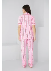 Siyah İnci Pink Red Line Pattern Cotton Buttoned Piping Knitted Pajamas Suit7886