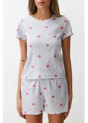  Collection Heart-Printed Grey Melange Slogan Pajama Shorts Set - THMSS24PT00220