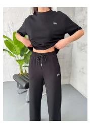 Elif Özbey Butik Black Print Detailed Short Sleeve Suit