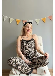 Pijamaevi Brown Leopard Printed Lace String Strap Knitted Women's Pajama Set