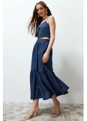  Collection تنورة طويلة من القطن النيلي - منسوجة واسعة، TWOSS24ET00059