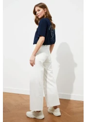  Collection Navy Blue 100% Cotton Back Embroidered Relaxed/Wide Relaxed Cut Crew Neck Knitted T-Shirt TWOSS20TS0121