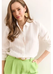 Olalook Women's Ecru Transparent Striped Regular Fit Draped Shirt Gml-19001334