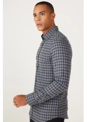 AC&Co / Altınyıldız Classics Men's Navy Blue Slim Fit Slim Fit Hidden Button Collar Checkered Thick Tufted Winter Shirt