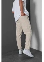 Slatra بنطلون كتان بيج - رجالي، ساق مزدوجة، مزخرف