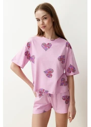  Collection طقم بيجامة قطن على شكل قلب وردي اللون مع شورت - THMSS24PT00225