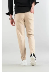 bombe Men's Beige Flexible Lycra Ankle Length Casual Comfortable Side Pocket Fabric Trousers