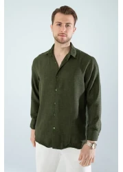 YXC Trend Maker قميص كتان كبير الحجم من القطن ذو قصة مريحة باللون الكاكي للرجال (المنتج ذو قصة واسعة)