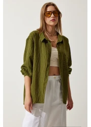 Happiness İstanbul قميص فيسكوز نسائي مخطط بالكاكي مع جيوب DE00030