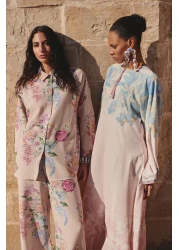  Modest Powder Linen Look Spanish Sleeves Belted Print Woven Dress Tctss25Eb00033