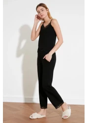  Collection Viscose Knitted Black Lace Pajamas Set - Rope Strap, Ribbon/Bow Detail Thmss20Pt0134