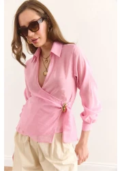 Olalook Women's Candy Pink Side Binding Detailed Modal Blouse Blz-19002946