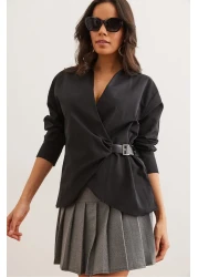 Olalook Women's Black Shirt Collar Belt Detail Shirt Gml- 19001277