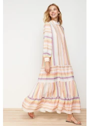  Modest Linen Look Woven Dress with Multi-Colored Striped Skirt and Ruffles TCTSS24EB00105