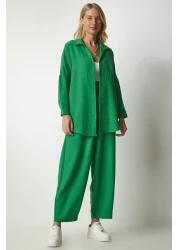 Happiness İstanbul Women's Green Linen Shirt Baggy Trousers Set DZ00080