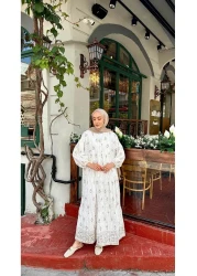 LOCCO فستان نسائي منقوش بالباقة باللون الأبيض