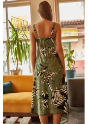 Olalook فستان أخضر بنمط نخيل كبير مزود بسحاب ELB-19000615 نسائي