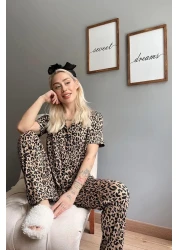 Pijamaevi ليوبارد منقوشة محبوك الجبهة زرر قصيرة الأكمام منامة المرأة