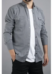 bombe قميص جينز قطني رمادي اللون للرجال بقصة ضيقة