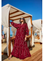 LOCCO فستان نسائي بتفاصيل خياطة ذهبية باللون الأحمر الداكن