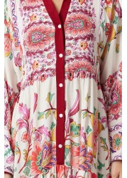  Modest فستان منسوج من الفيسكوز باللون العنابي مزين بالزهور - TCTSS24EB00221