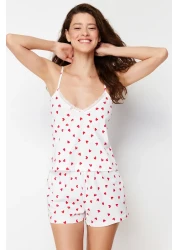  Collection طقم بيجامة محبوك من القطن الأبيض 100% دانتيل محبوك على شكل قلب مع حمالات وشورت THMSS24PT00106