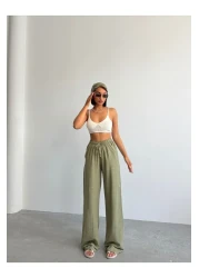 BEJNA Women's Khaki Linen Loose Cut Palazzo Trousers