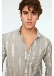  Collection قميص كاكي رفيع مخطط بقصة ضيقة - ياقة بأزرار TMNSS20GO0092