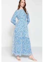  Modest Light Blue Floral Print Belted Stand Collar Lined Chiffon Woven Dress TCTSS21EL3346